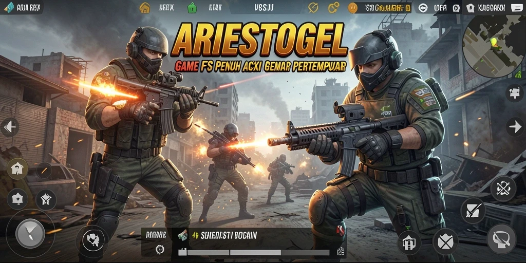 Tampilan gameplay menegangkan di ARIESTOGEL, penuh aksi FPS yang seru.