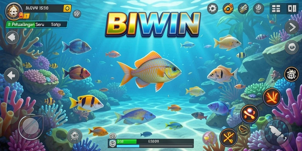 Tampilan gameplay BIWIN yang seru dalam menembak ikan berwarna-warni.