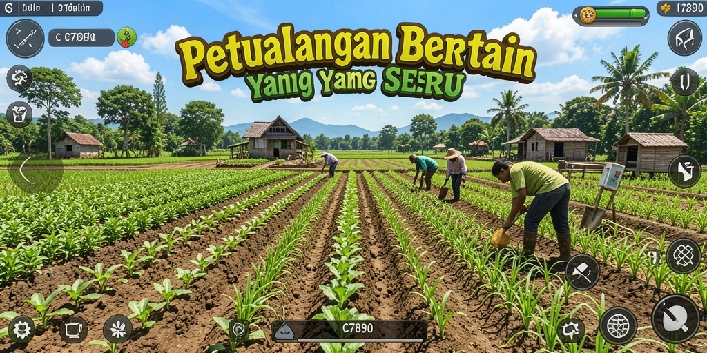 Tangkapan layar gameplay C7890 dengan aktivitas bertani yang seru.