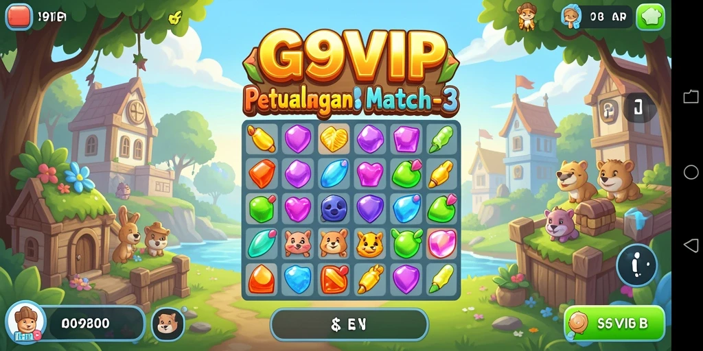 Tampilan gameplay seru dalam permainan Match-3 G9VIP yang penuh warna.