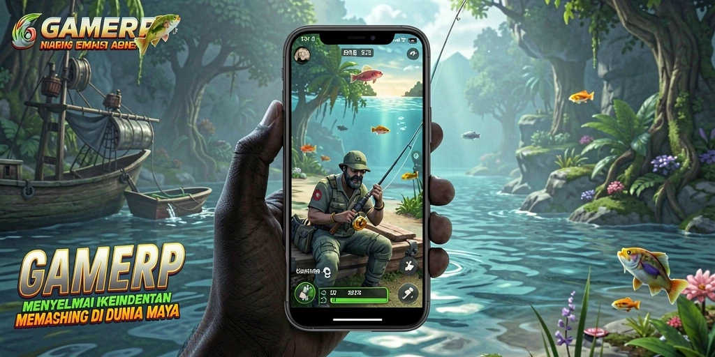 Tangkapan layar GAMERP menampilkan gameplay memancing yang realistis dan seru.