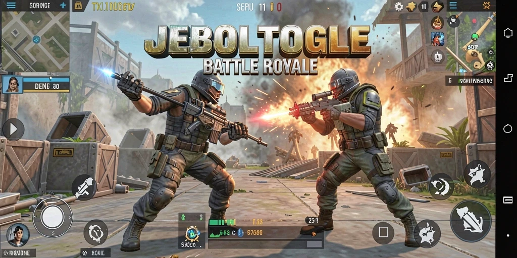 Screenshot JEBOLTOGEL menampilkan pertempuran intens di arena Battle Royale.