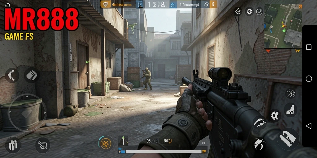 Tangkapan layar <strong>MR888</strong> menunjukkan aksi menembak mendebarkan di mode FPS.