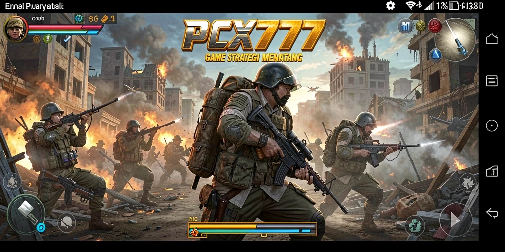 Screenshot menampilkan aksi pertempuran strategis dalam PCX777.