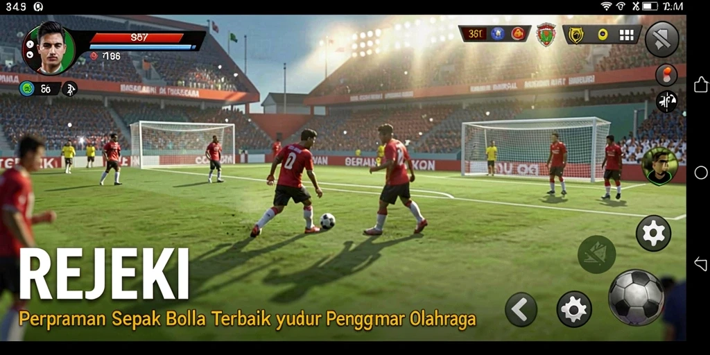Screenshot REJEKI menampilkan aksi seru pertandingan sepak bola yang mendebarkan.