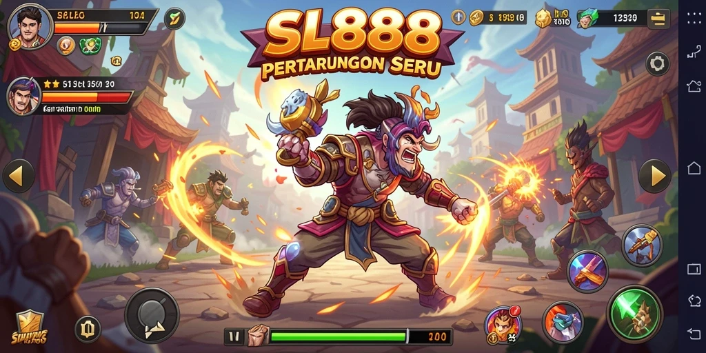 Tangkapan layar SL888 menampilkan aksi pertarungan yang mendebarkan dan karakter yang berwarna.