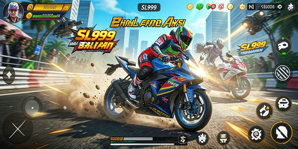Tangkapan layar gameplay <strong>SL999</strong> menampilkan balapan motor yang mendebarkan.
