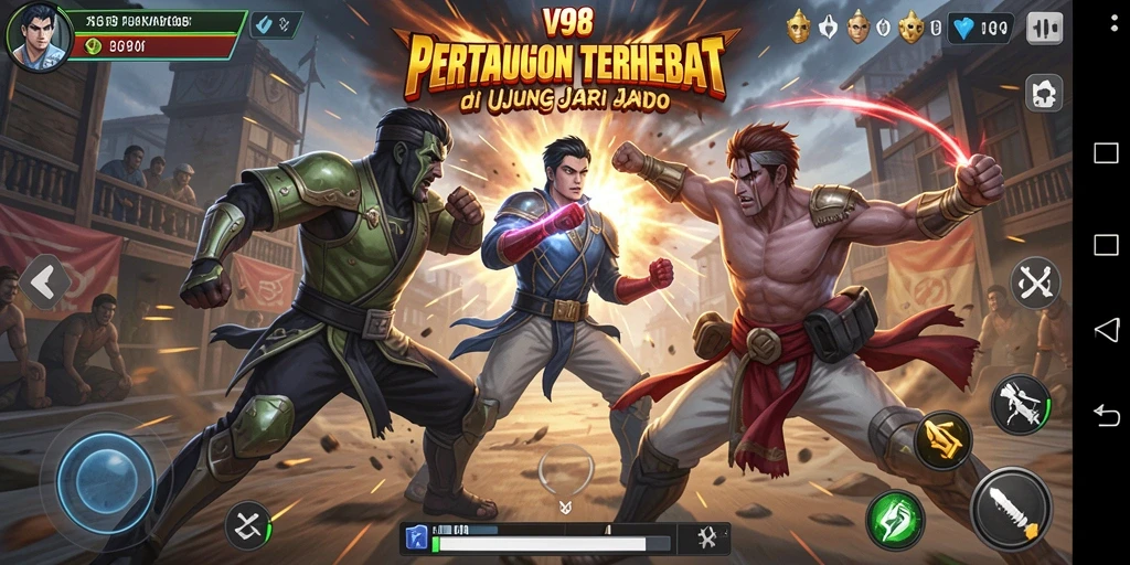 Gameplay V98 menampilkan pertarungan seru dengan karakter unik.